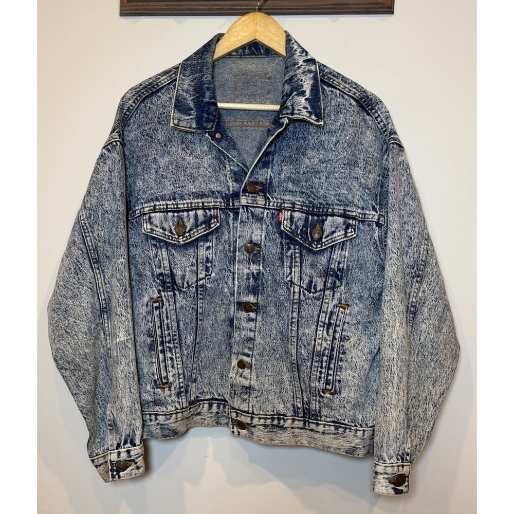 VTG Levis 80s Men's Marbled Acid Wash Denim Trucker Grunge Jacket Mens LG